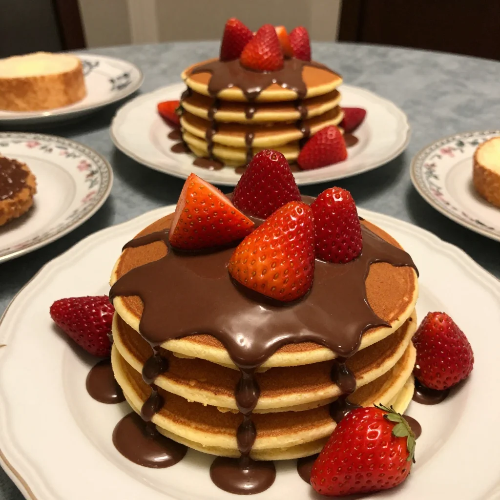 A stack of fluffy Japanese soufflé pancakes served with syrup and berries.