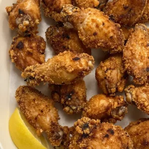 Plate of crispy fried morels garnished with herbs