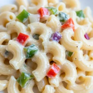 Gordon Ramsay's delicious macaroni salad served in a bowl with fresh vegetables.