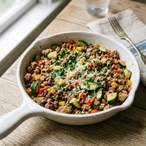 Ground turkey zucchini skillet served in a pan with fresh herbs