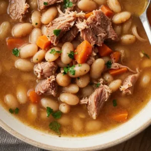 Homemade Ham and Bean Soup in a bowl with fresh herbs