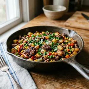 A delicious plate of hamburger hash topped with green onions and served hot.