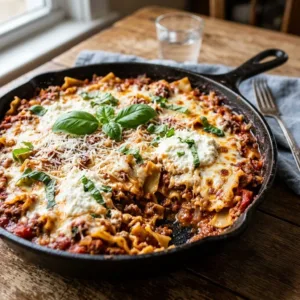 Delicious healthier one pot skillet lasagna served in a cast iron skillet