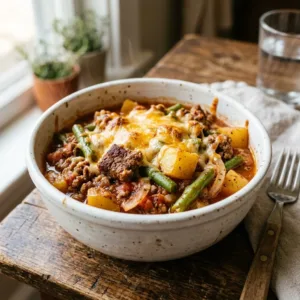 Delicious Hobo Casserole made with ground beef and vegetables in a baking dish.