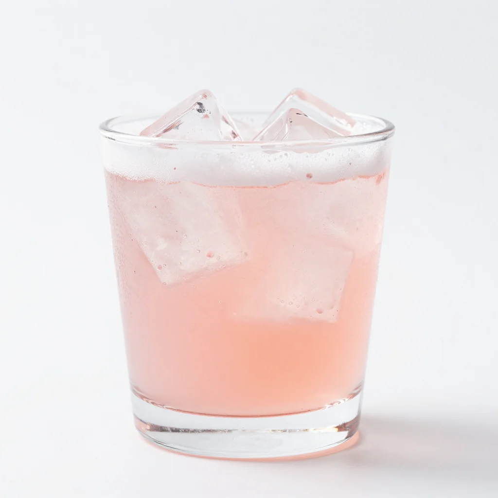Homemade rhubarb soda served in a glass with ice and fresh rhubarb garnish.