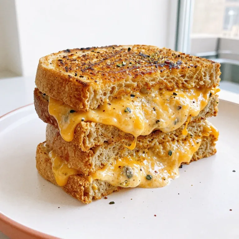 Creamy garlic-bread grilled cheese sandwich served with herbs and melted cheese