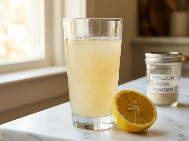 tall clear glass of psyllium husk lemon drink with visible light gel texture and lemon slice on white kitchen counter