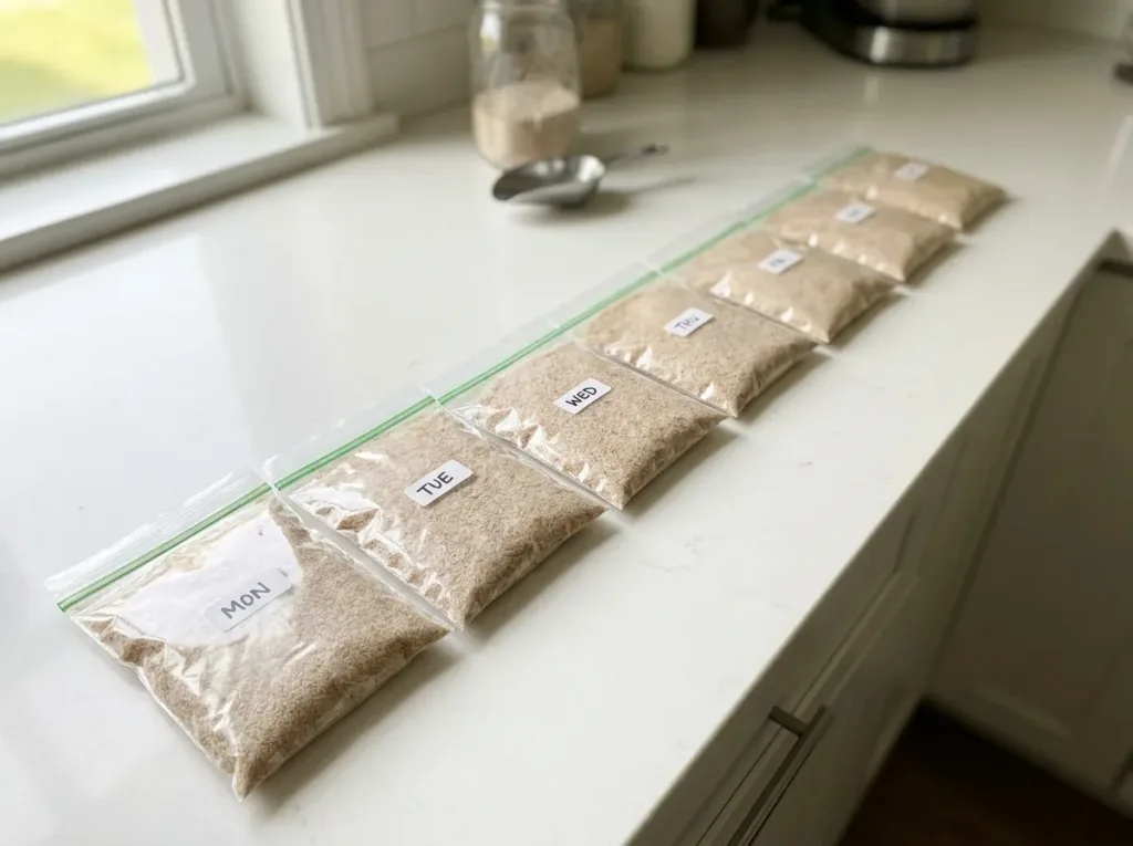 seven small pre-portioned zip lock bags of psyllium husk powder lined up for weekly meal prep