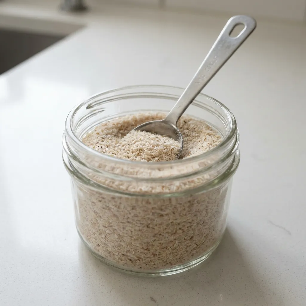small glass jar of plain unflavored psyllium husk powder on white kitchen counter showing light beige powder texture - psyllium husk drink for weight loss