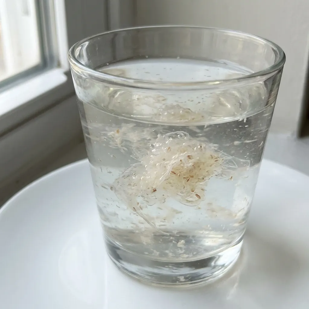 clear glass showing psyllium husk powder beginning to form gel in water demonstrating thickening effect