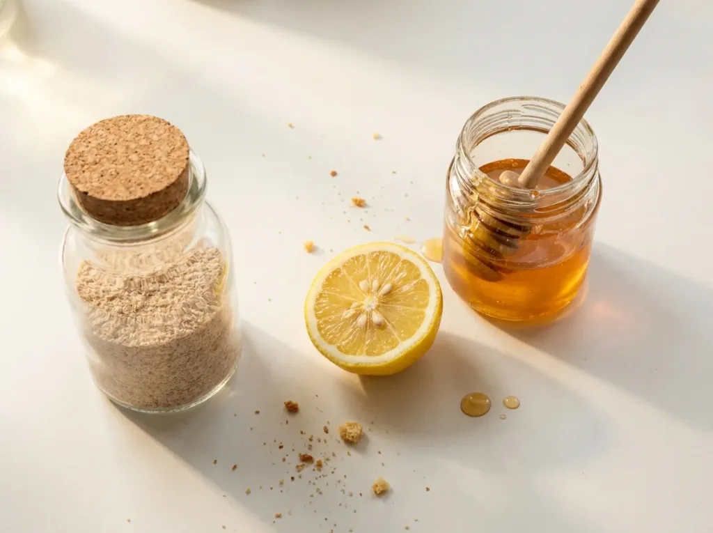 three ingredients for psyllium husk weight loss drink including powder lemon and honey on white surface - psyllium husk drink for weight loss