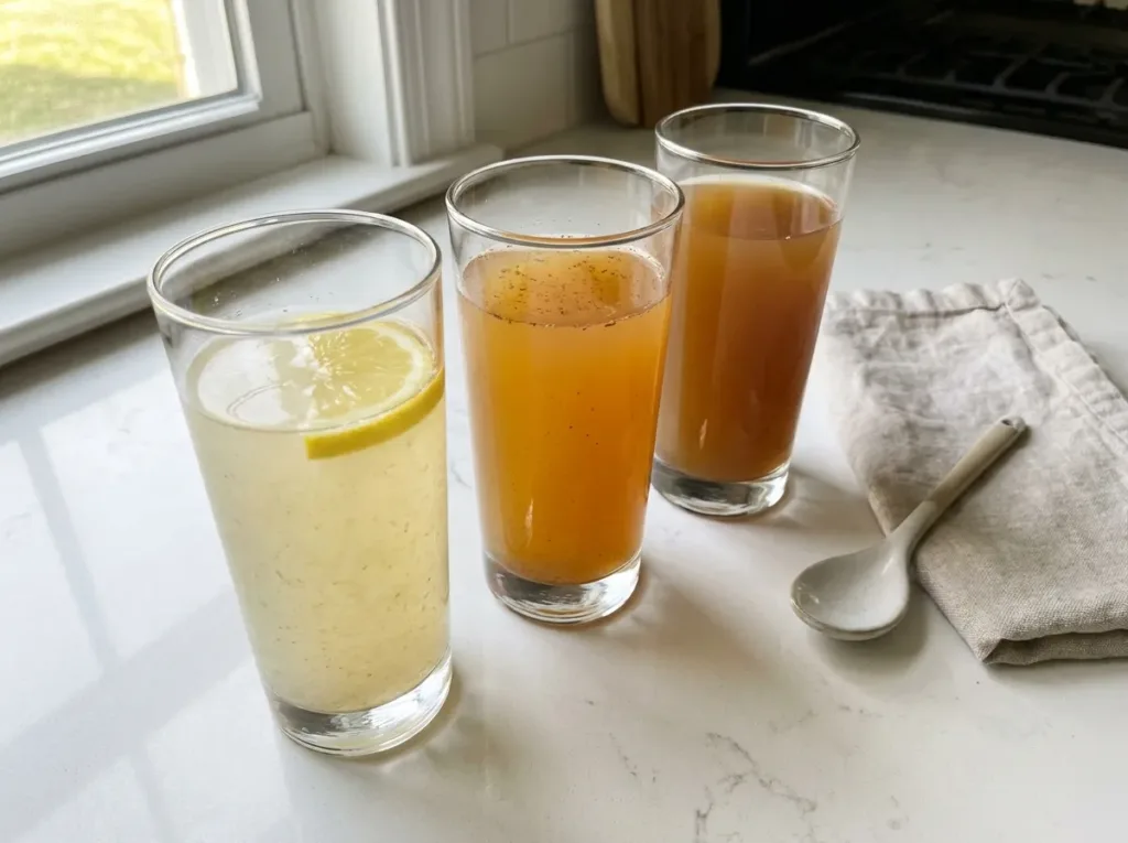 three glasses of psyllium husk drink variations showing lemon version cinnamon version and ACV version side by side