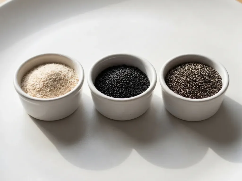 three small white bowls showing psyllium husk powder sabja seeds and chia seeds side by side for comparison