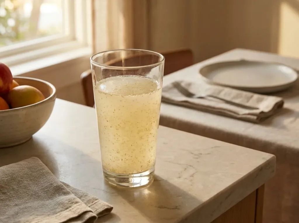 glass of psyllium husk lemon drink on kitchen counter 20 minutes before dinner plate showing timing routine