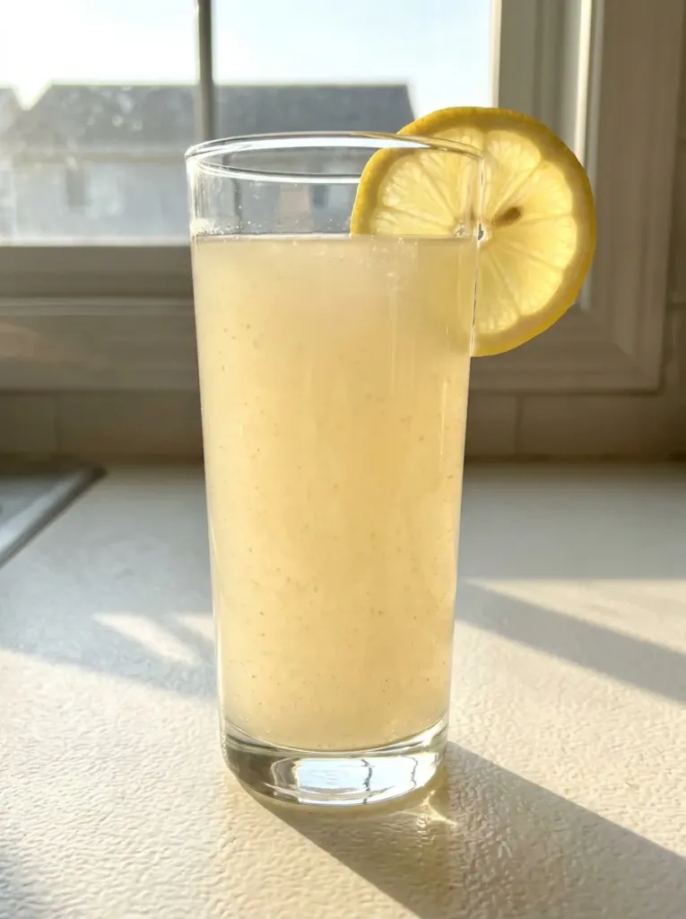vertical image of psyllium husk lemon weight loss drink in tall glass with lemon garnish for Pinterest sharing