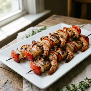 Lazy grilled jerk shrimp skewers on a platter, perfect for summer cookouts.
