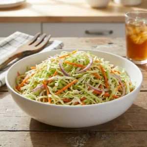 Bowl of freezer slaw ready for a large BBQ crowd