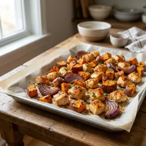 Lazy sheet pan chicken with sweet potatoes ready for Sunday meal prep