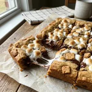 Lazy S'mores Cookie Bars fresh out of the oven, perfect summer treat.
