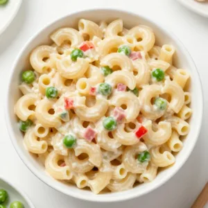 Creamy macaroni salad in a bowl with colorful vegetables and dressing
