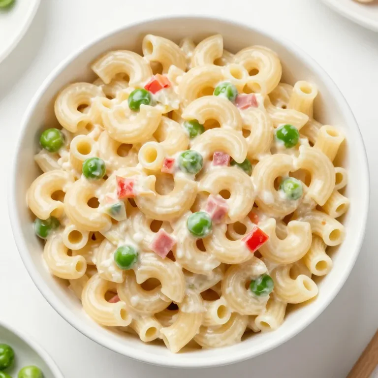 Creamy macaroni salad in a bowl with colorful vegetables and dressing