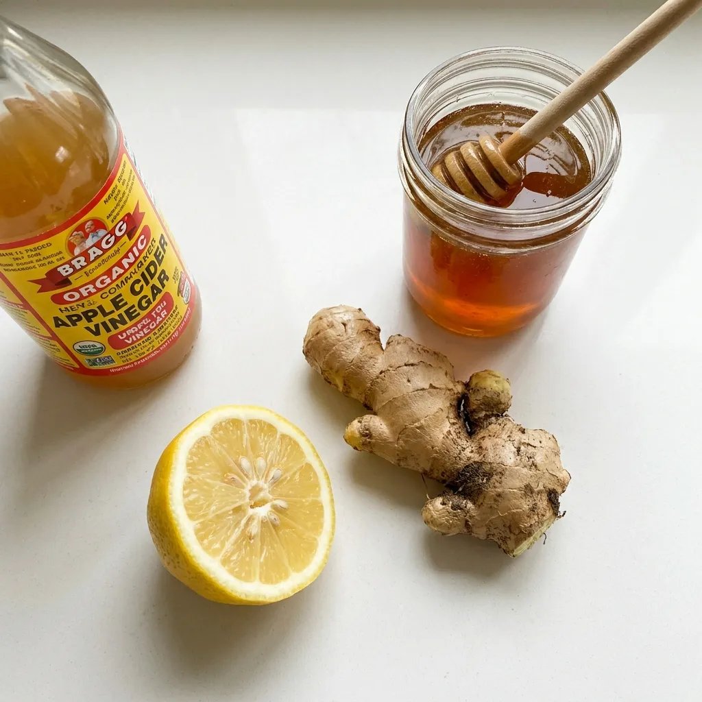 Alt: four ingredients for natural mounjaro drink recipe including apple cider vinegar lemon ginger and honey on white surface