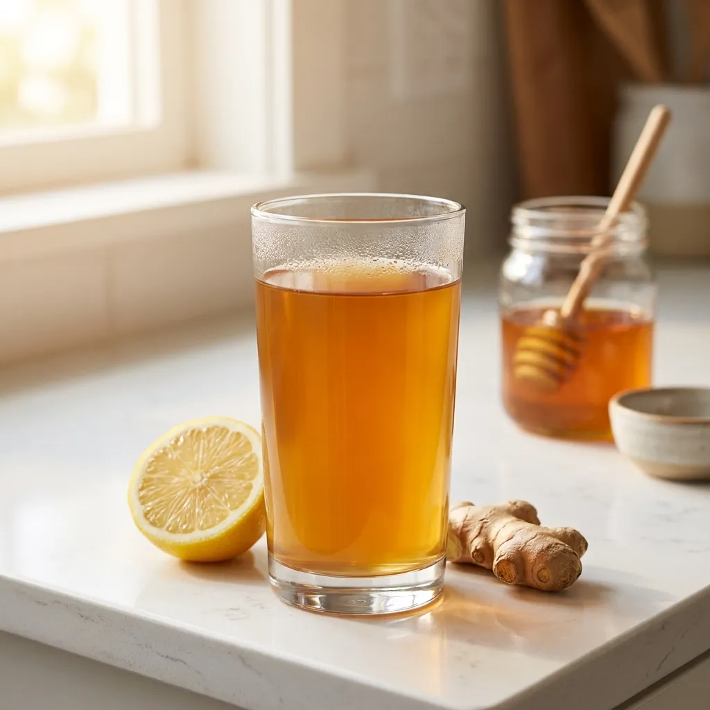 Alt: tall clear glass of natural mounjaro drink with lemon slice ginger and honey on white kitchen counter