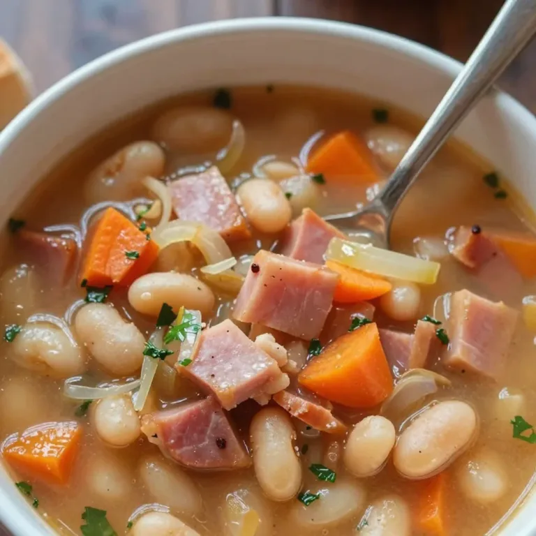 Bowl of old-fashioned ham and bean soup with fresh herbs and bread.