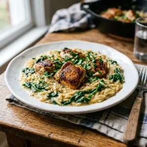 One skillet creamy orzo chicken dish with herbs and vegetables.
