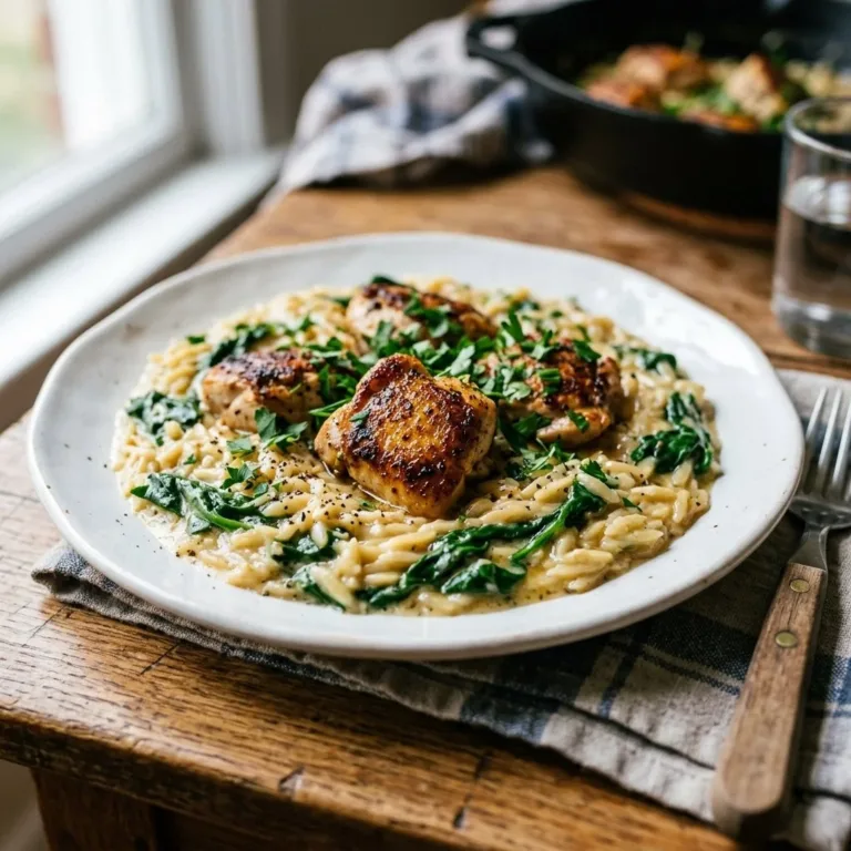 One skillet creamy orzo chicken dish with herbs and vegetables.