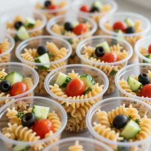 Delicious pasta salad cups filled with fresh ingredients and served in charming cups