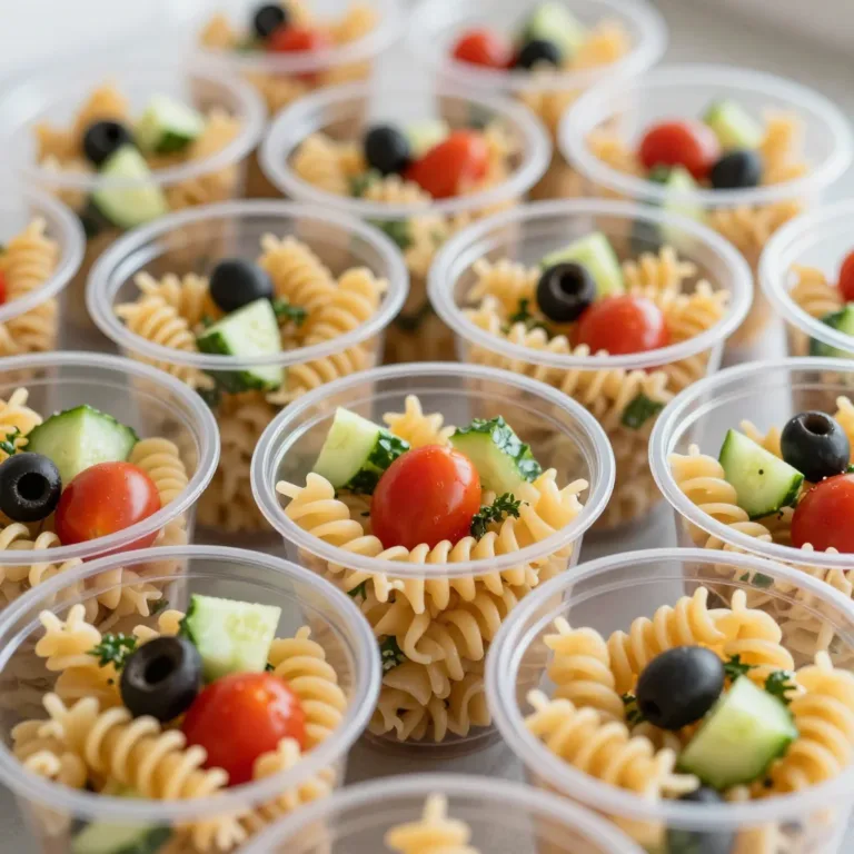 Delicious pasta salad cups filled with fresh ingredients and served in charming cups