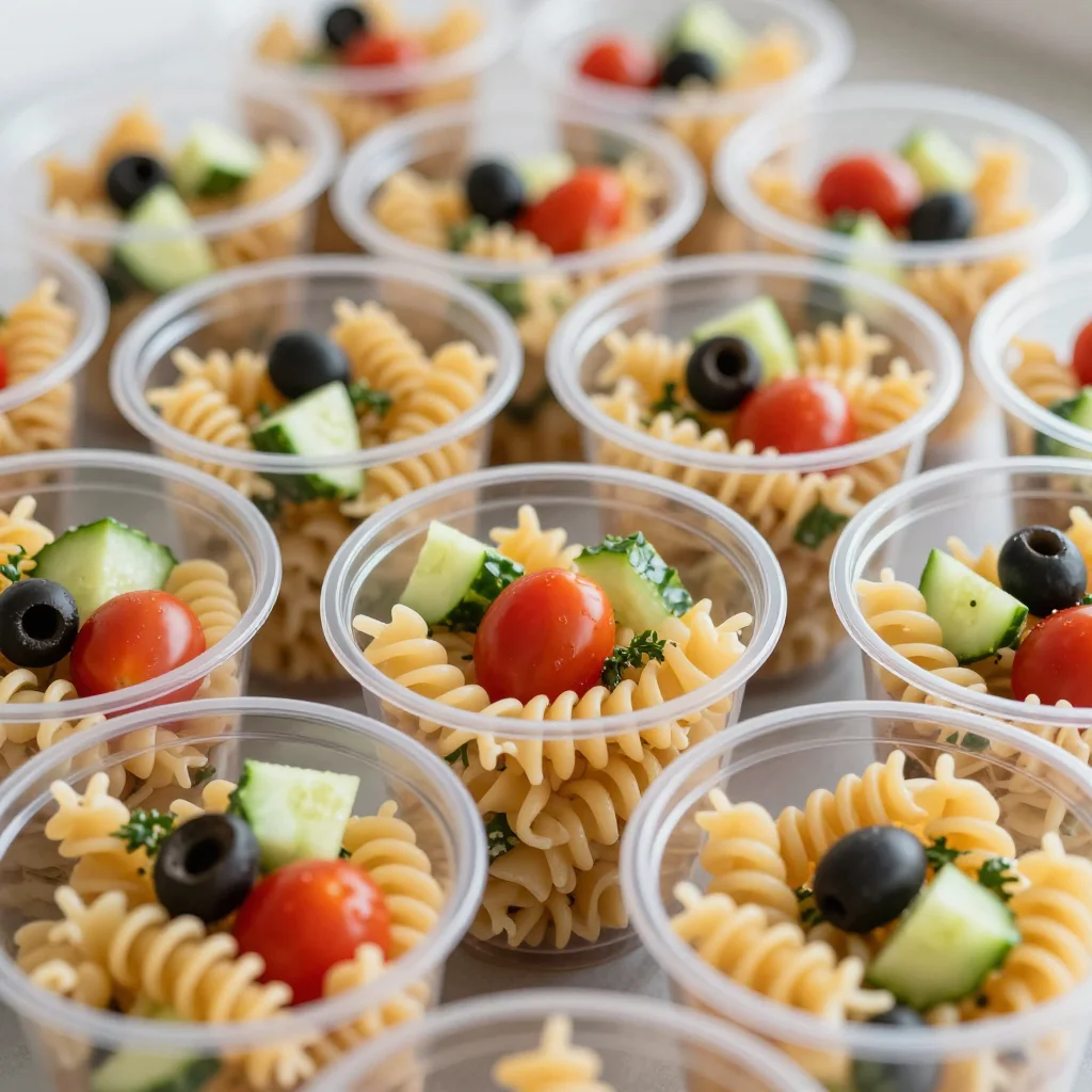 Delicious pasta salad cups filled with fresh ingredients and served in charming cups