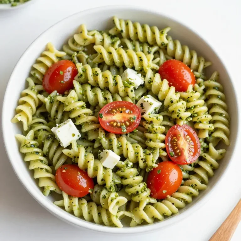 Colorful pesto pasta salad with fresh vegetables and herbs in a bowl.