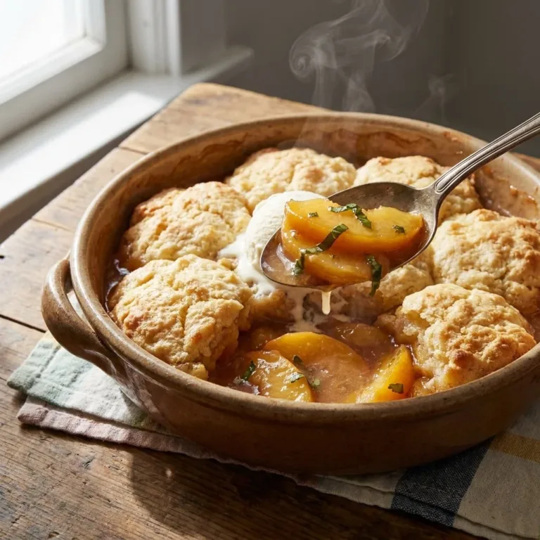 Delicious quick basil peach cobbler with fresh peaches and basil topping