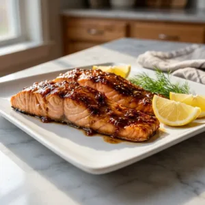 Delicious brown sugar salmon served plated with summer vegetables