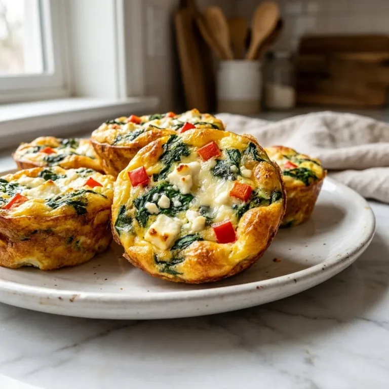 Delicious feta and spinach egg cups baked in a muffin tin for a healthy breakfast.