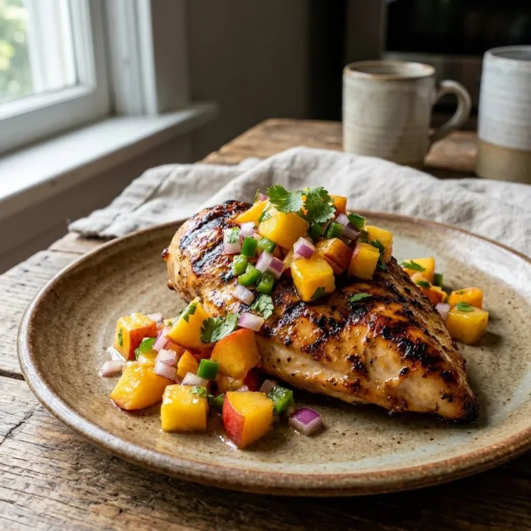 Delicious Jalapeno Peach Grilled Chicken on a BBQ grill plate.