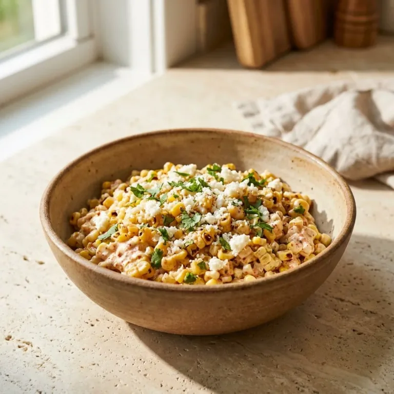Delicious quick Mexican street corn salad served at a summer cookout party.