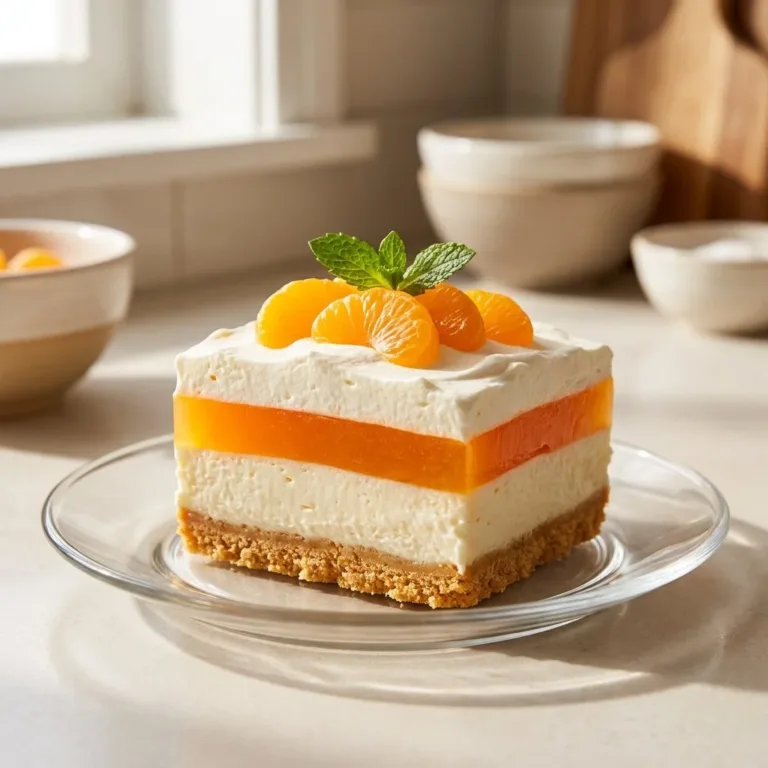 Delicious no bake creamsicle lush dessert served in a glass dish