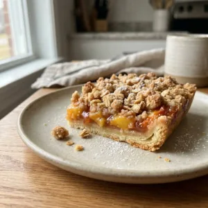 Delicious quick peach crumb bars topped with a golden crumble