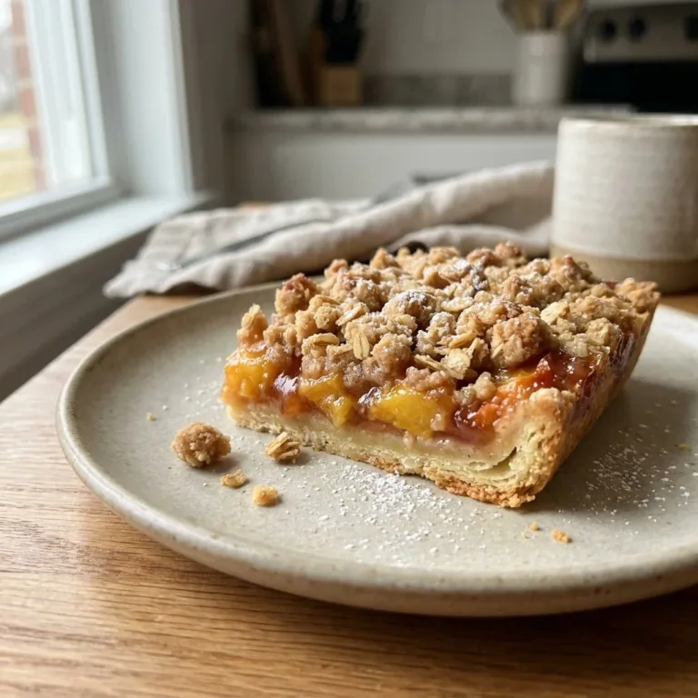 Delicious quick peach crumb bars topped with a golden crumble