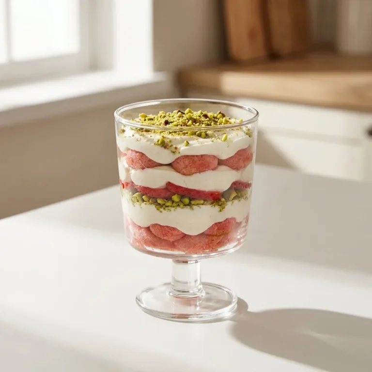 Elegant strawberry pistachio tiramisu dessert in a serving dish