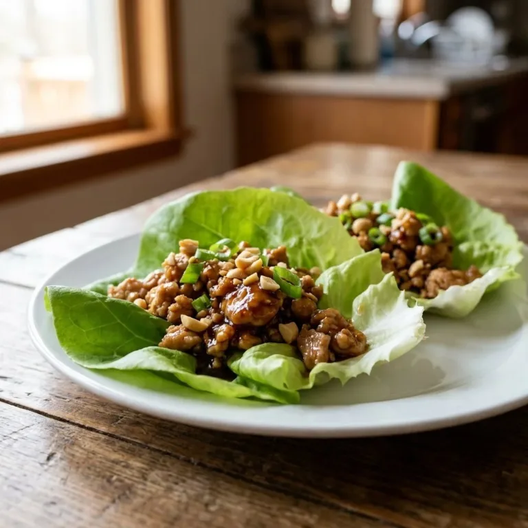 Quick Thai chicken lettuce wraps served on a plate with fresh vegetables.