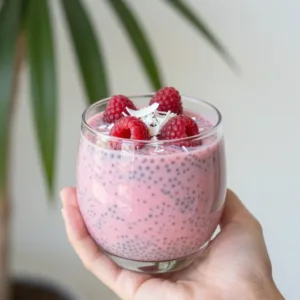 Delicious raspberry chia pudding topped with fresh raspberries in a bowl