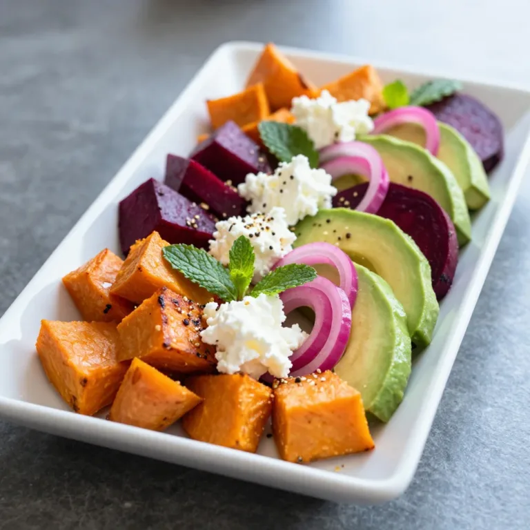 Roasted beet cozy salad with fresh greens and colorful toppings