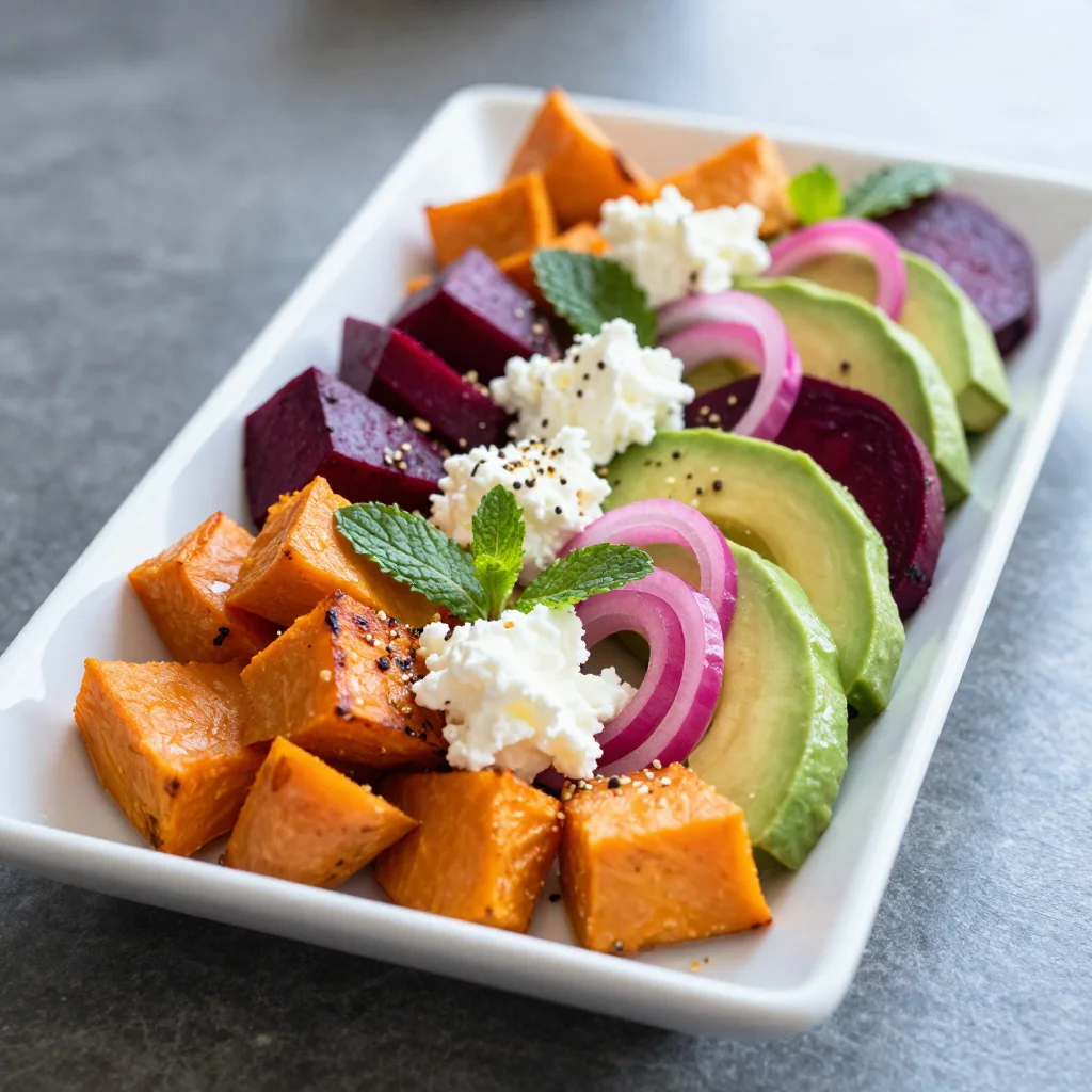 Roasted Beet, Sweet Potato & Avocado Salad with Whipped Ricotta & Lemon-Tahini Drizzle