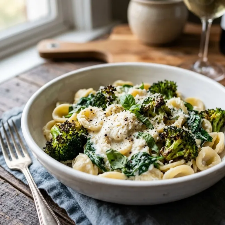 Skillet Ricotta Pasta topped with roasted broccoli and fresh spinach