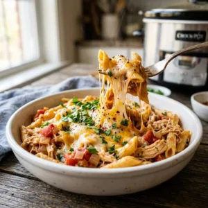 Slow cooker cheesy chicken penne served in a bowl with melted cheese and herbs.