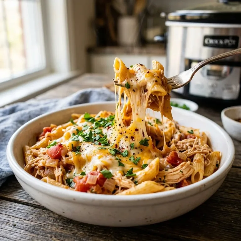 Slow cooker cheesy chicken penne served in a bowl with melted cheese and herbs.
